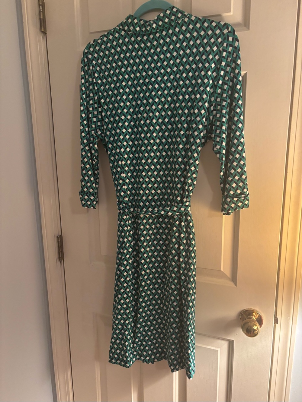 Women's Teal Geometric Print Dress with Tie Waist